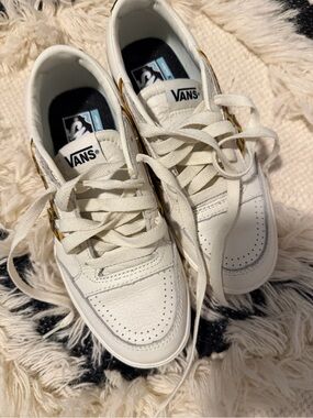 Vans White Leather Low Top Sneakers with Leopard Panels
